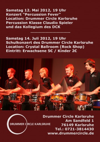 "Percussion Fever" & Schulkonzert Am Samstag, den 12. Mai 2012 um 19.00 Uhr findet im Drummer Circle das Abschluss-Konzert der Percussion Klasse von Claudio Spieler unter dem Motto "Percussion Fever" statt. Auf dem Programm stehen rhythmische Delikatessen der Percussion-Schüler in Solo, Duo und Trio-Darbietungen. Außerdem werden das Ensemble "Cajon Circle" und das Drummer Circle Kollegium unter anderem mit dem "Rhythm-Camp" Klassiker "Flying Shekere" und der Premiere des Latin Stücks "Circle Picante" zu hören sein. Wir heißen Euch - liebe Familien, Freunde und Trommel Fans - herzlich willkommen